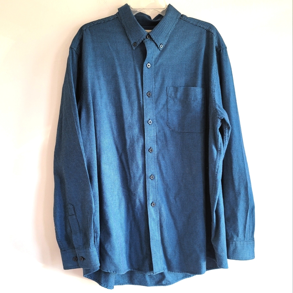 L.L. Bean Mens Blue and Black Houndstooth Print 100% Cotton Button Down Size XL